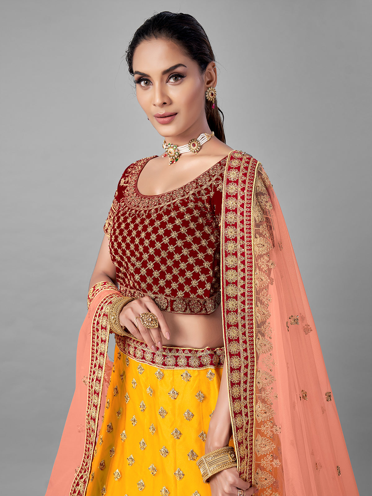 Mustard Embroidered Velvet Semi Stitched Lehenga With Unstitched Blouse Clothsvilla