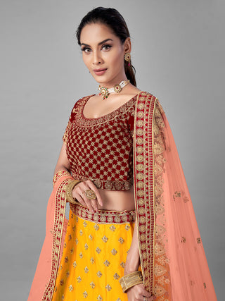 Mustard Embroidered Velvet Semi Stitched Lehenga With Unstitched Blouse Clothsvilla