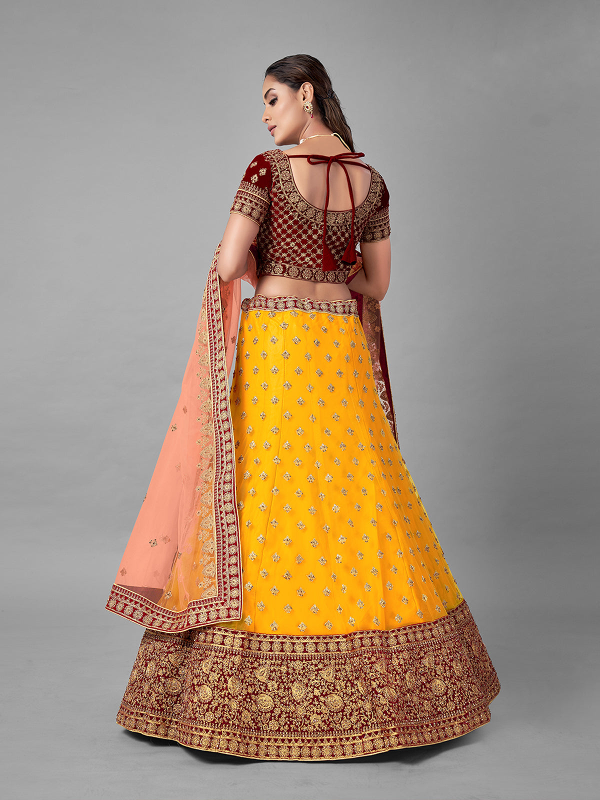 Mustard Embroidered Velvet Semi Stitched Lehenga With Unstitched Blouse Clothsvilla