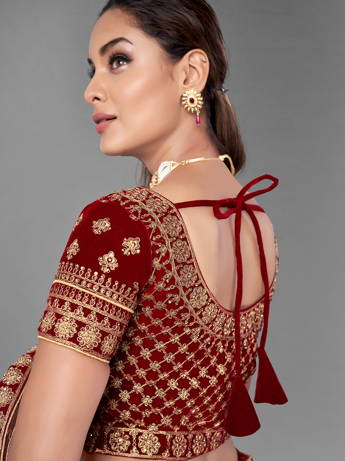 Mustard Embroidered Velvet Semi Stitched Lehenga With Unstitched Blouse Clothsvilla