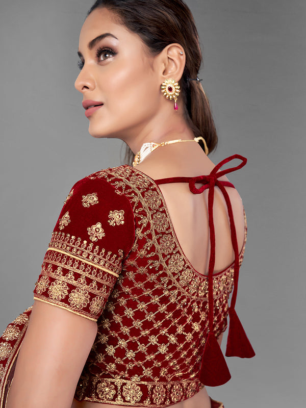 Mustard Embroidered Velvet Semi Stitched Lehenga With Unstitched Blouse Clothsvilla