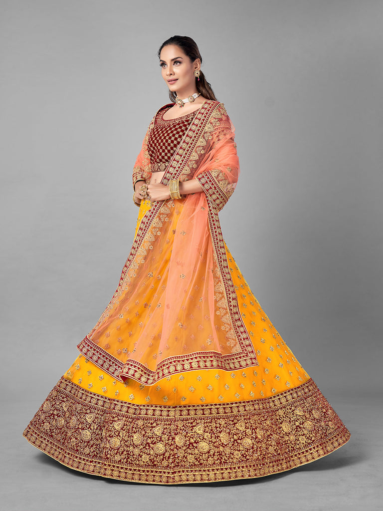 Mustard Embroidered Velvet Semi Stitched Lehenga With Unstitched Blouse Clothsvilla