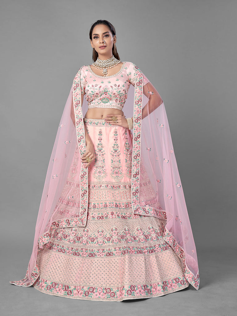 Pink Soft Net Semi Stitched Lehenga With Unstitched Blouse Clothsvilla