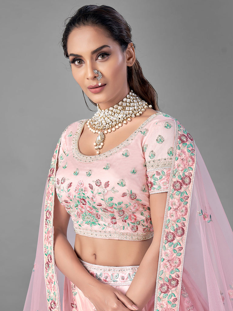 Pink Soft Net Semi Stitched Lehenga With Unstitched Blouse Clothsvilla