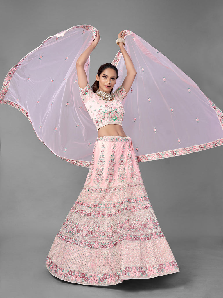 Pink Soft Net Semi Stitched Lehenga With Unstitched Blouse Clothsvilla