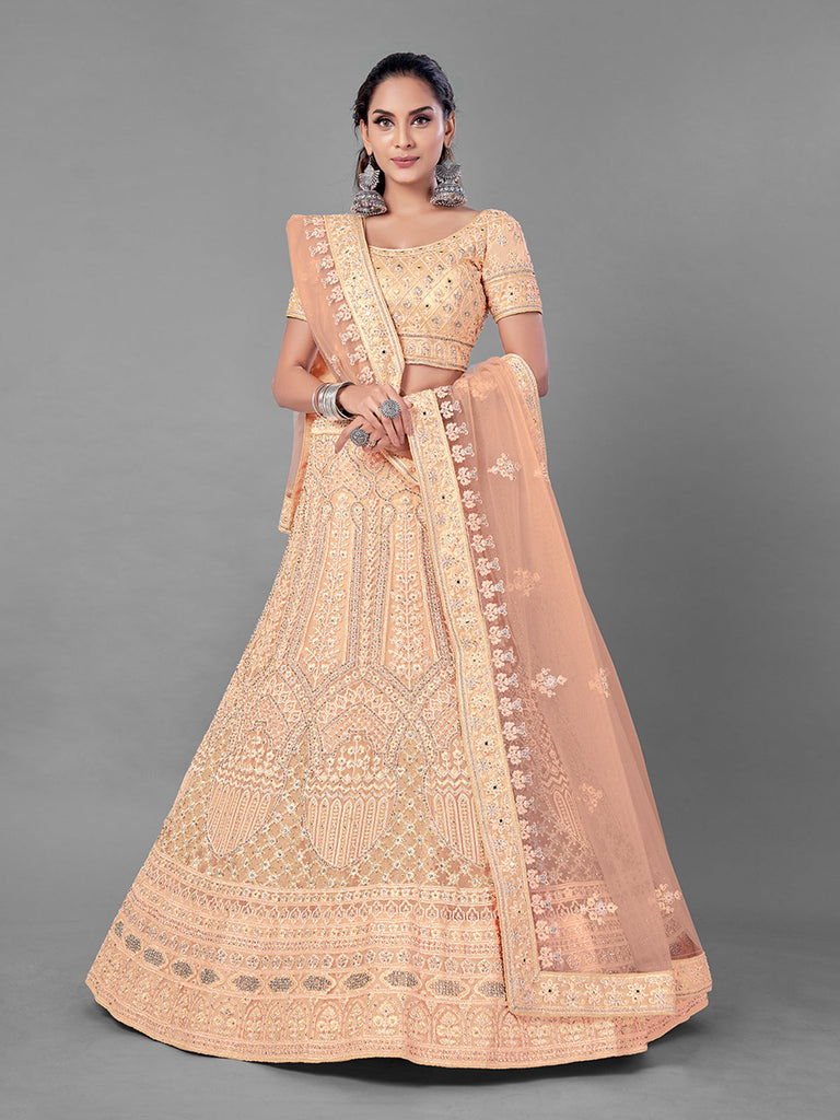 Peach Embroidered Soft Net Semi Stitched Lehenga With Unstitched Blouse Clothsvilla