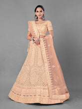 Load image into Gallery viewer, Peach Embroidered Soft Net Semi Stitched Lehenga With Unstitched Blouse Clothsvilla