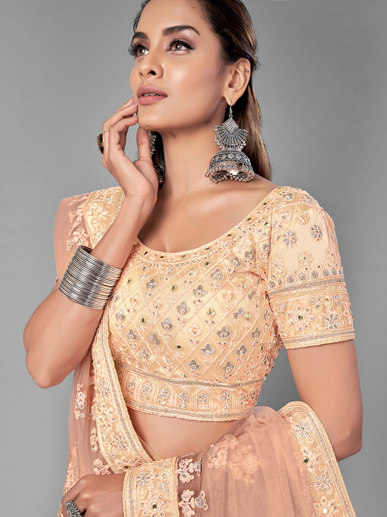 Peach Embroidered Soft Net Semi Stitched Lehenga With Unstitched Blouse Clothsvilla