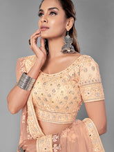 Load image into Gallery viewer, Peach Embroidered Soft Net Semi Stitched Lehenga With Unstitched Blouse Clothsvilla