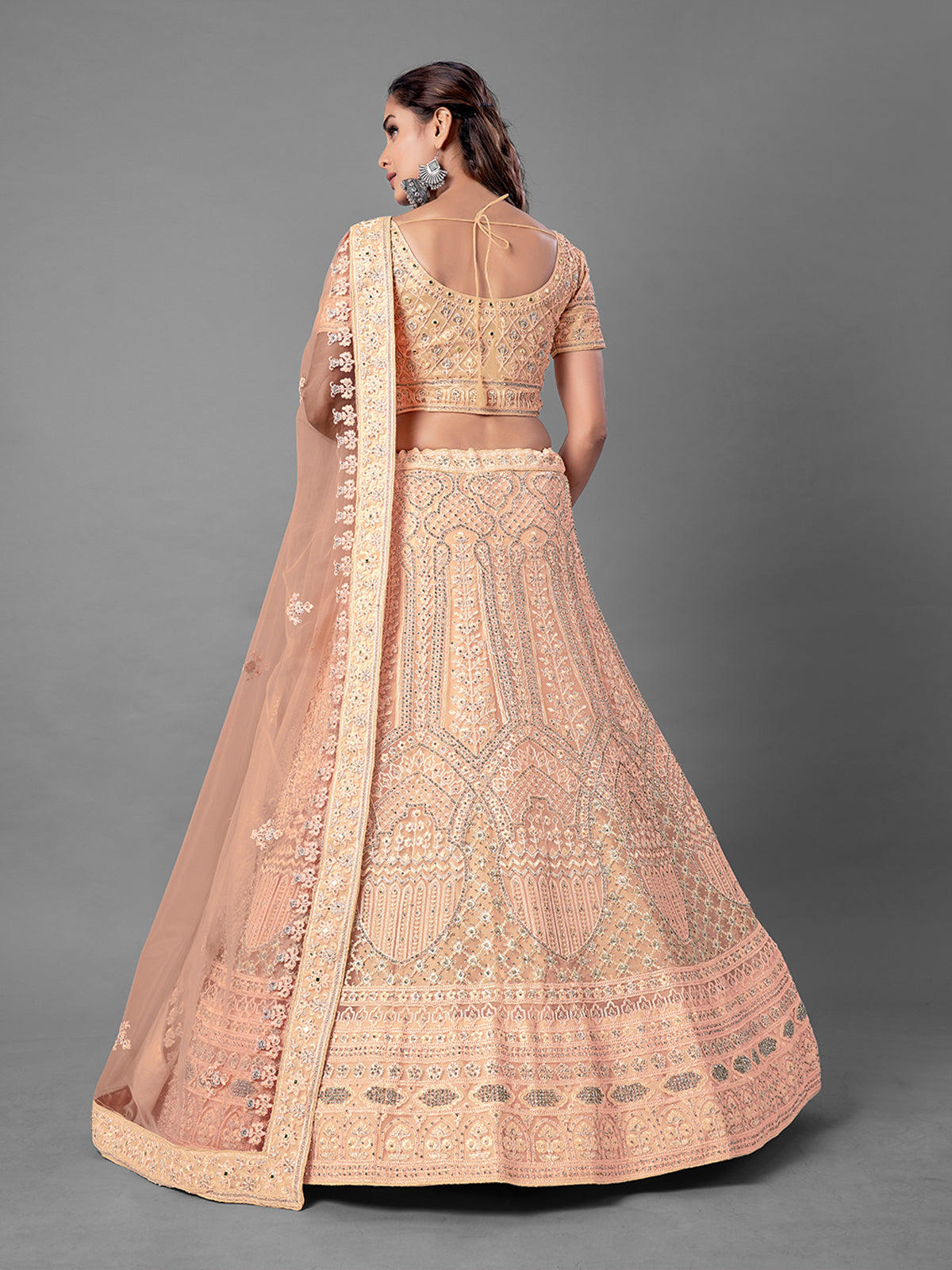 Peach Embroidered Soft Net Semi Stitched Lehenga With Unstitched Blouse Clothsvilla