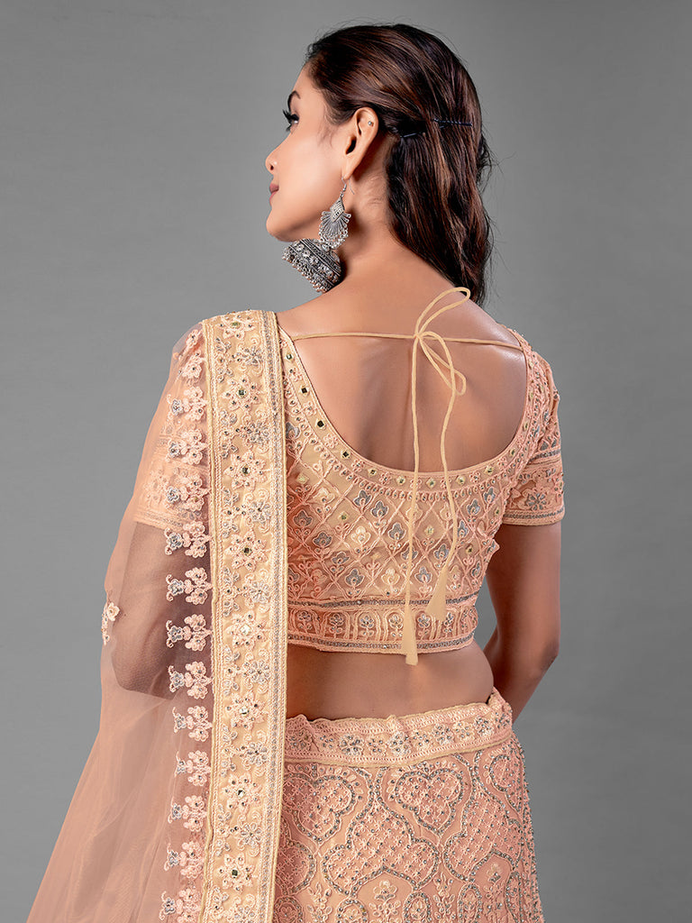 Peach Embroidered Soft Net Semi Stitched Lehenga With Unstitched Blouse Clothsvilla
