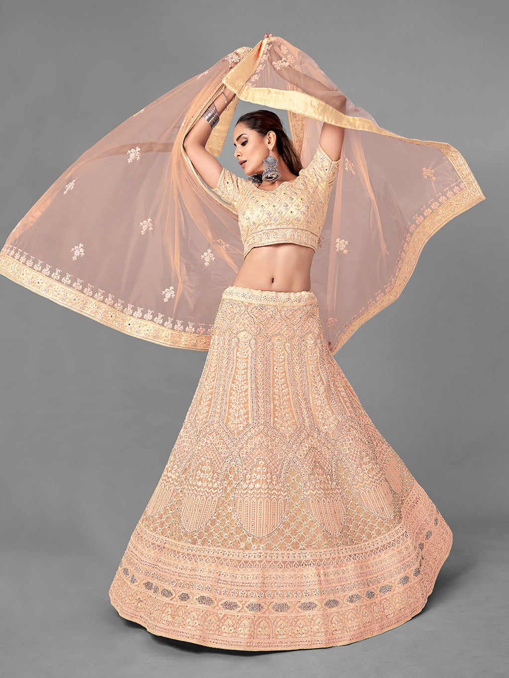 Peach Embroidered Soft Net Semi Stitched Lehenga With Unstitched Blouse Clothsvilla