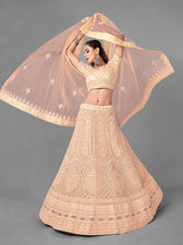 Load image into Gallery viewer, Peach Embroidered Soft Net Semi Stitched Lehenga With Unstitched Blouse Clothsvilla