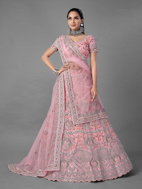 Pink Embroidered Soft Net Semi Stitched Lehenga With Unstitched Blouse Clothsvilla Main image