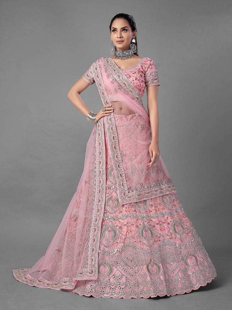 Pink Embroidered Soft Net Semi Stitched Lehenga With Unstitched Blouse Clothsvilla