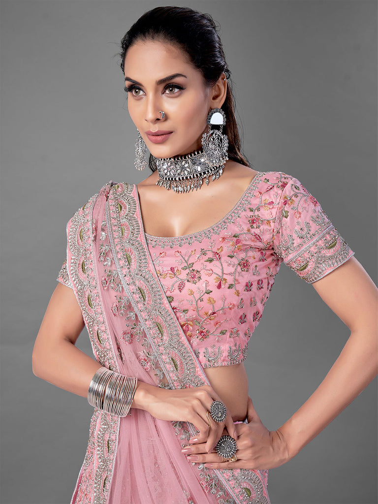 Pink Embroidered Soft Net Semi Stitched Lehenga With Unstitched Blouse Clothsvilla