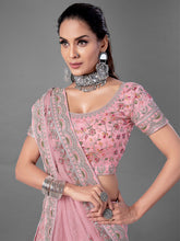 Load image into Gallery viewer, Pink Embroidered Soft Net Semi Stitched Lehenga With Unstitched Blouse Clothsvilla