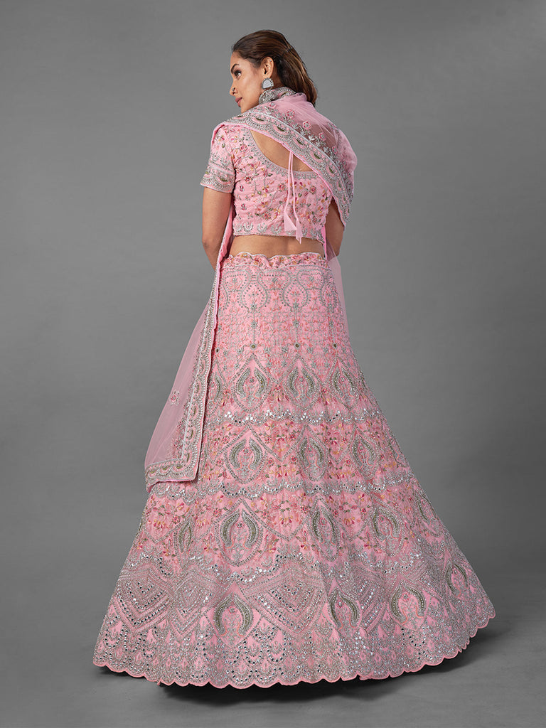 Pink Embroidered Soft Net Semi Stitched Lehenga With Unstitched Blouse Clothsvilla