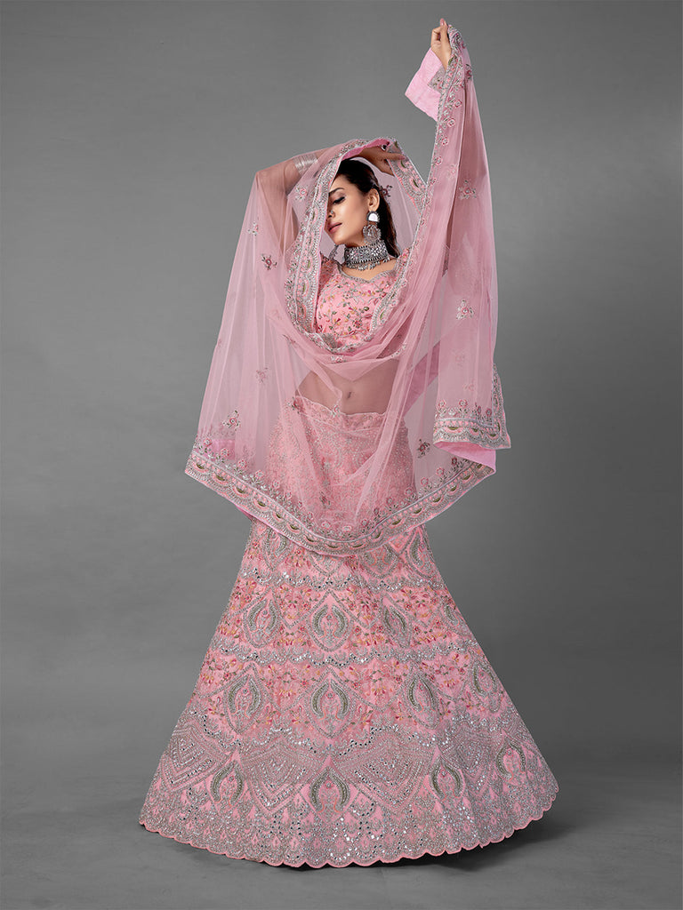 Pink Embroidered Soft Net Semi Stitched Lehenga With Unstitched Blouse Clothsvilla