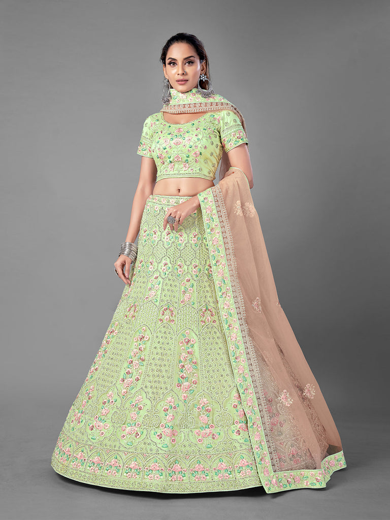 Green Soft Net Embroidered Semi Stitched Lehenga With Unstitched Blouse Clothsvilla