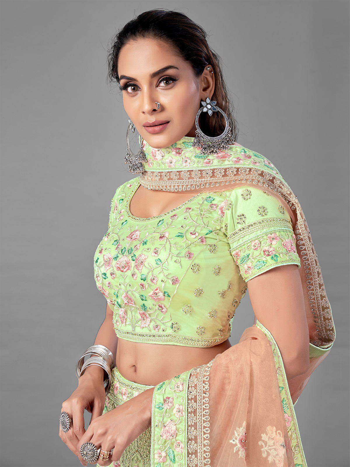 Green Soft Net Embroidered Semi Stitched Lehenga With Unstitched Blouse Clothsvilla