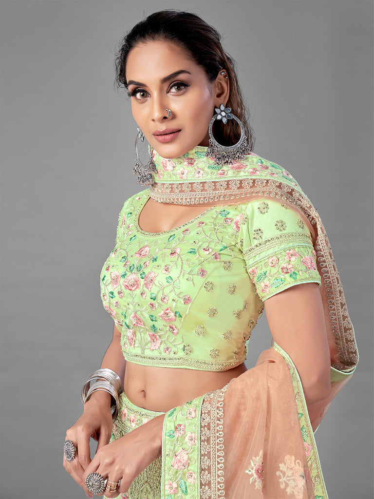 Green Soft Net Embroidered Semi Stitched Lehenga With Unstitched Blouse Clothsvilla