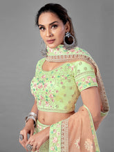 Load image into Gallery viewer, Green Soft Net Embroidered Semi Stitched Lehenga With Unstitched Blouse Clothsvilla