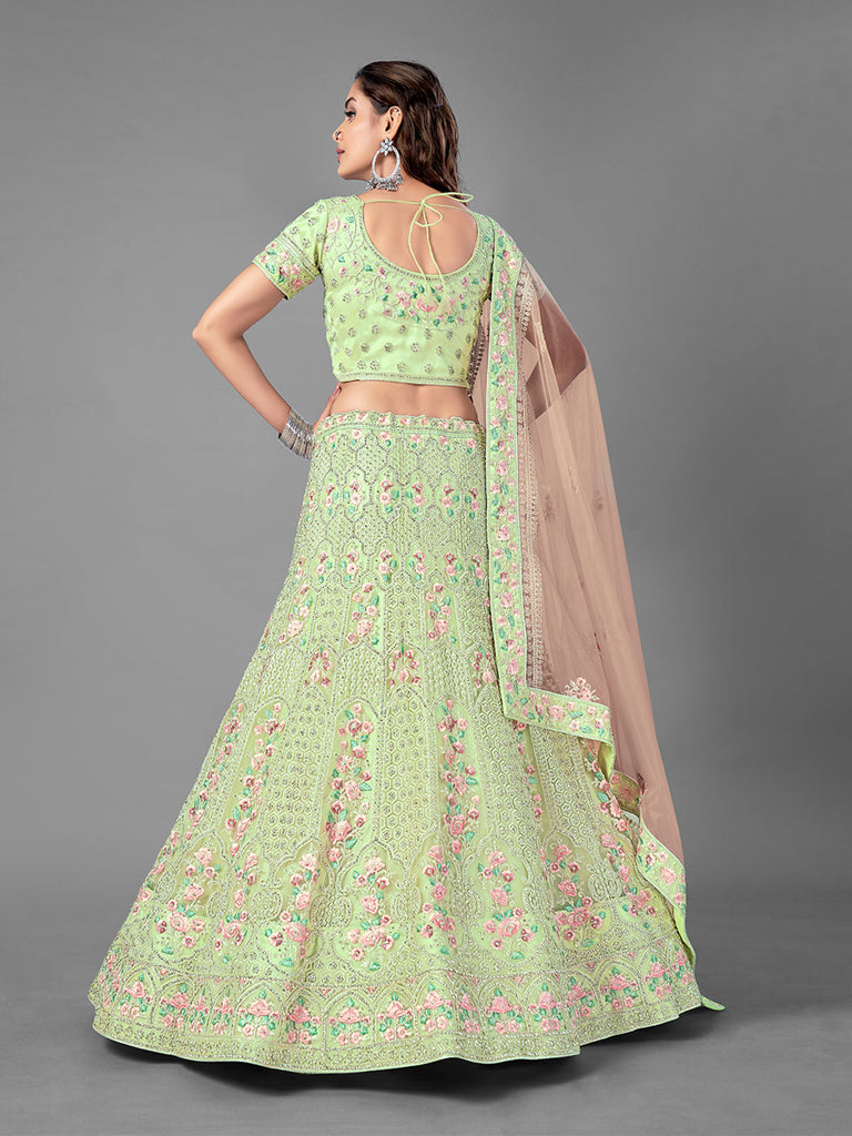 Green Soft Net Embroidered Semi Stitched Lehenga With Unstitched Blouse Clothsvilla