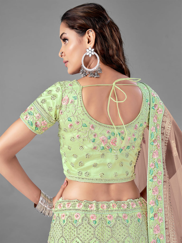 Green Soft Net Embroidered Semi Stitched Lehenga With Unstitched Blouse Clothsvilla