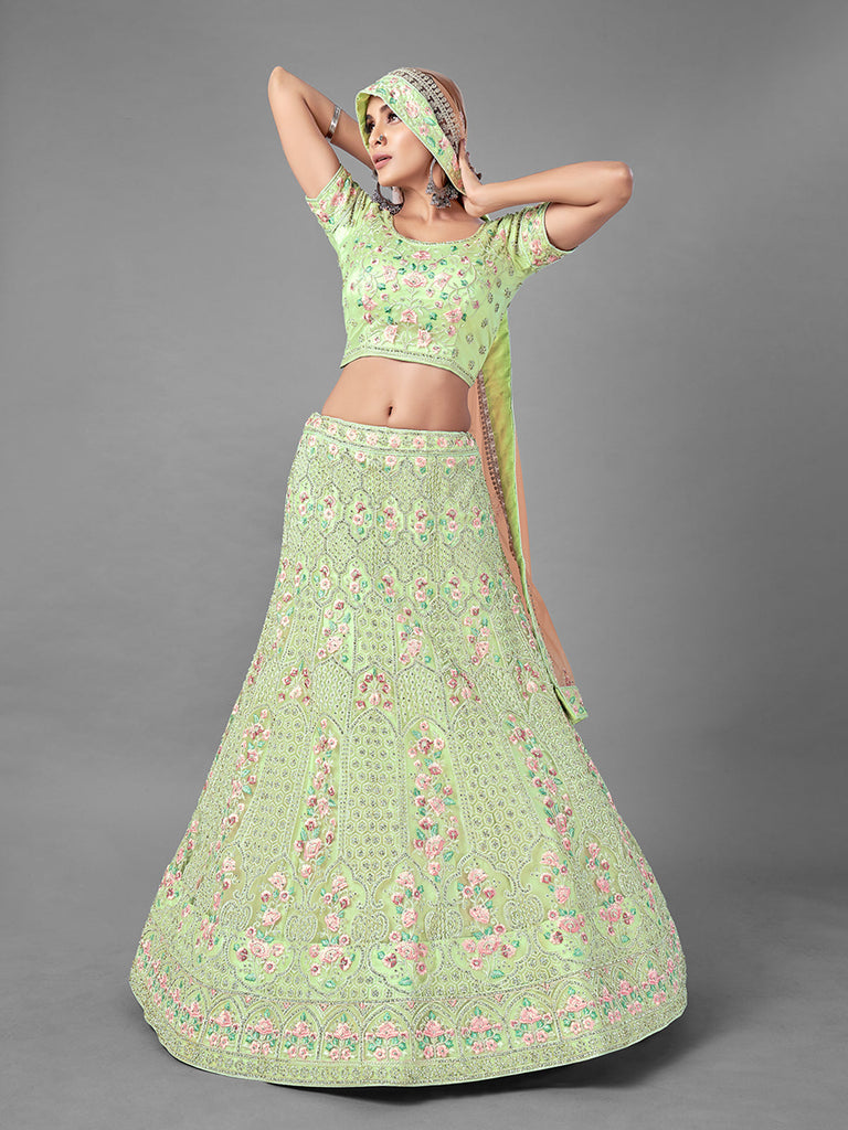 Green Soft Net Embroidered Semi Stitched Lehenga With Unstitched Blouse Clothsvilla