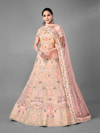 Peach Embroidered Soft Net Semi Stitched Lehenga With Unstitched Blouse Clothsvilla