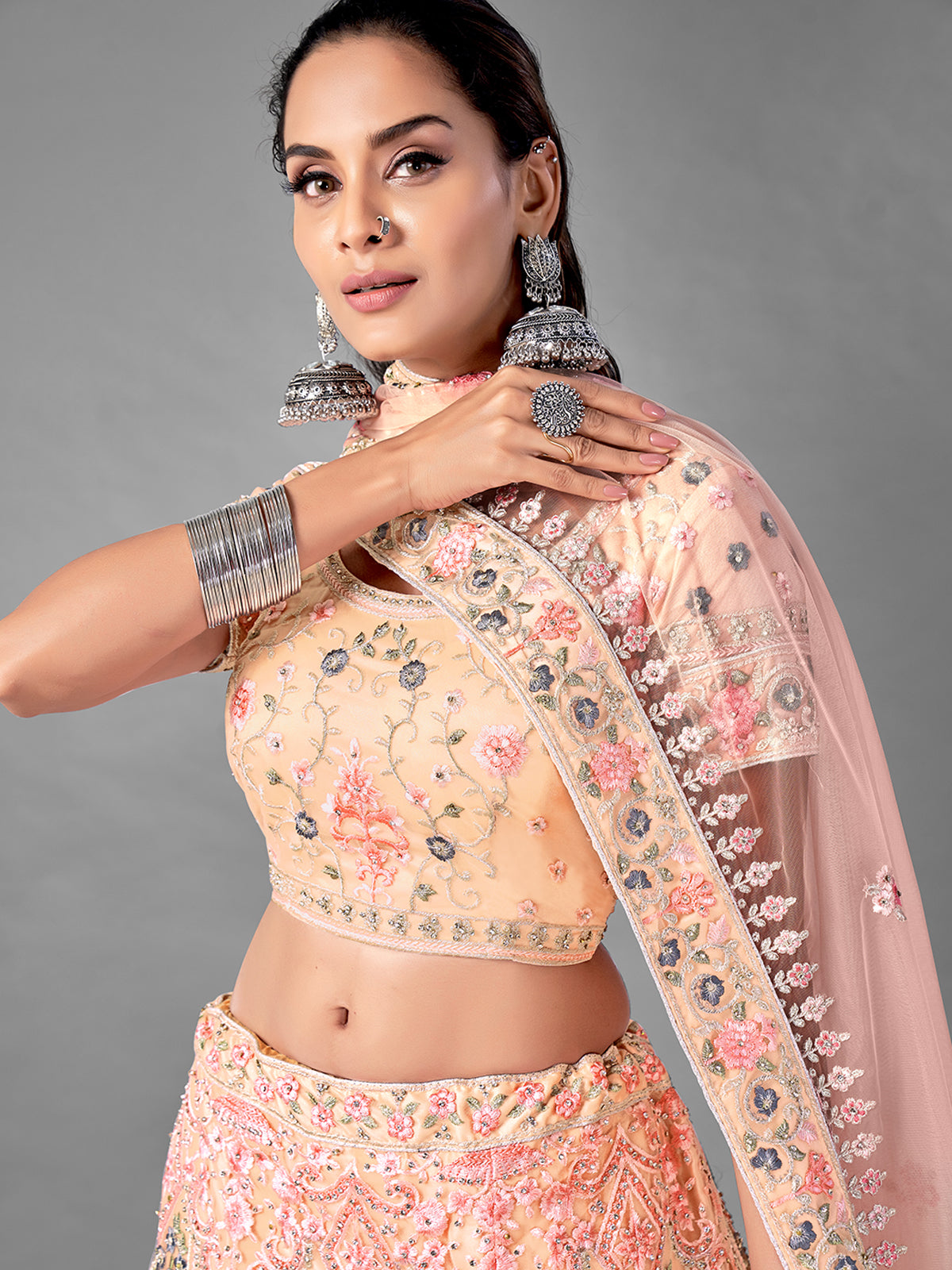 Peach Embroidered Soft Net Semi Stitched Lehenga With Unstitched Blouse Clothsvilla