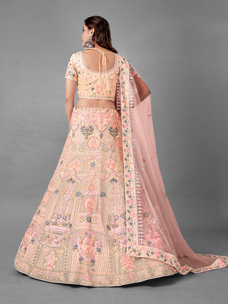 Peach Embroidered Soft Net Semi Stitched Lehenga With Unstitched Blouse Clothsvilla