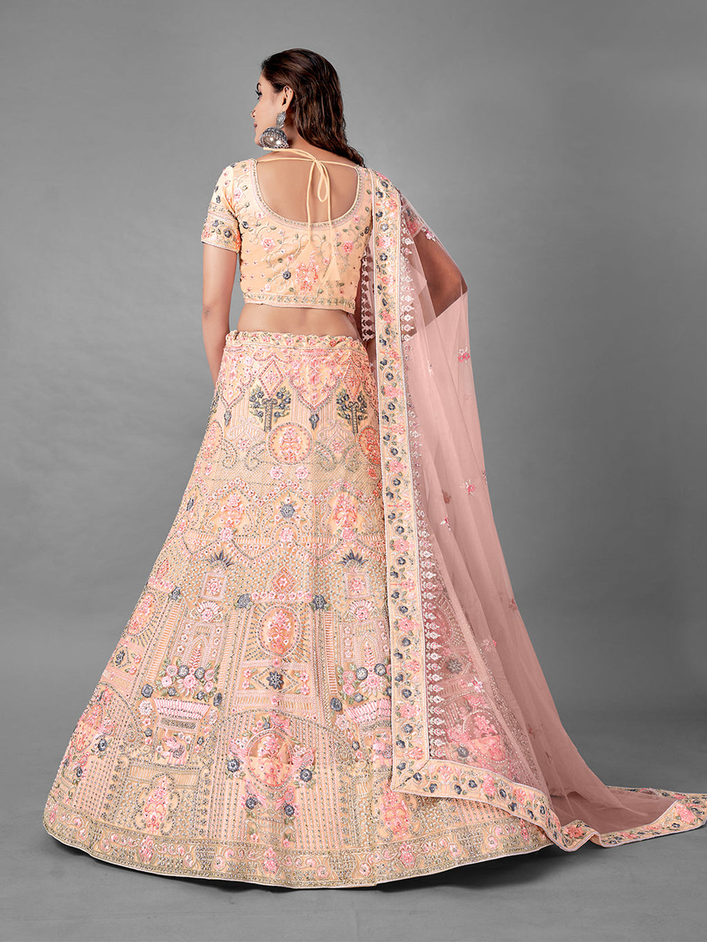 Peach Embroidered Soft Net Semi Stitched Lehenga With Unstitched Blouse Clothsvilla