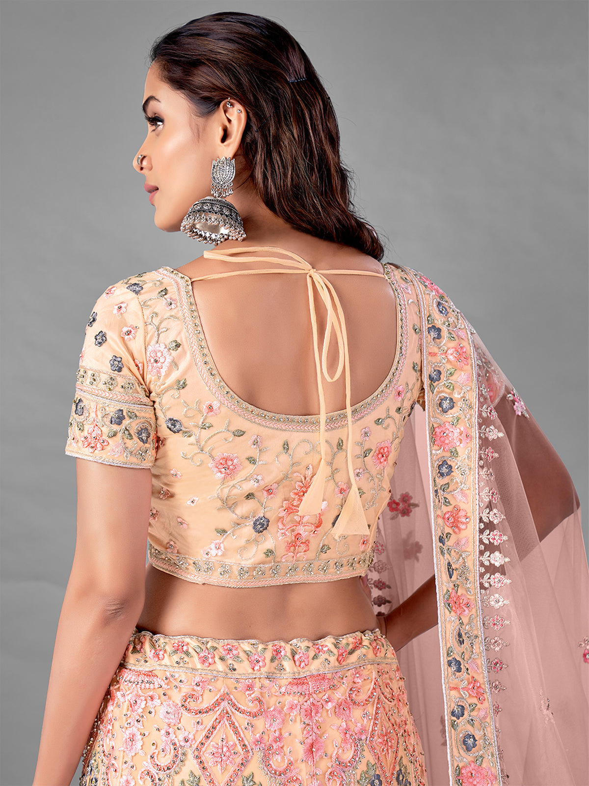 Peach Embroidered Soft Net Semi Stitched Lehenga With Unstitched Blouse Clothsvilla