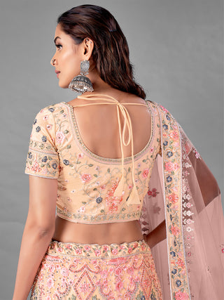 Peach Embroidered Soft Net Semi Stitched Lehenga With Unstitched Blouse Clothsvilla