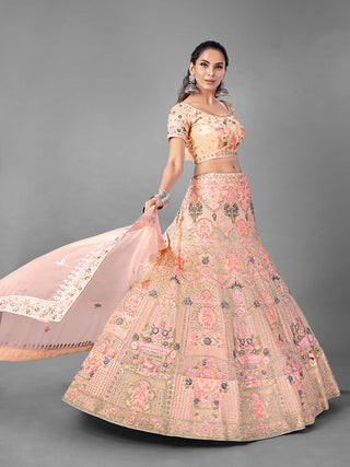 Peach Embroidered Soft Net Semi Stitched Lehenga With Unstitched Blouse Clothsvilla
