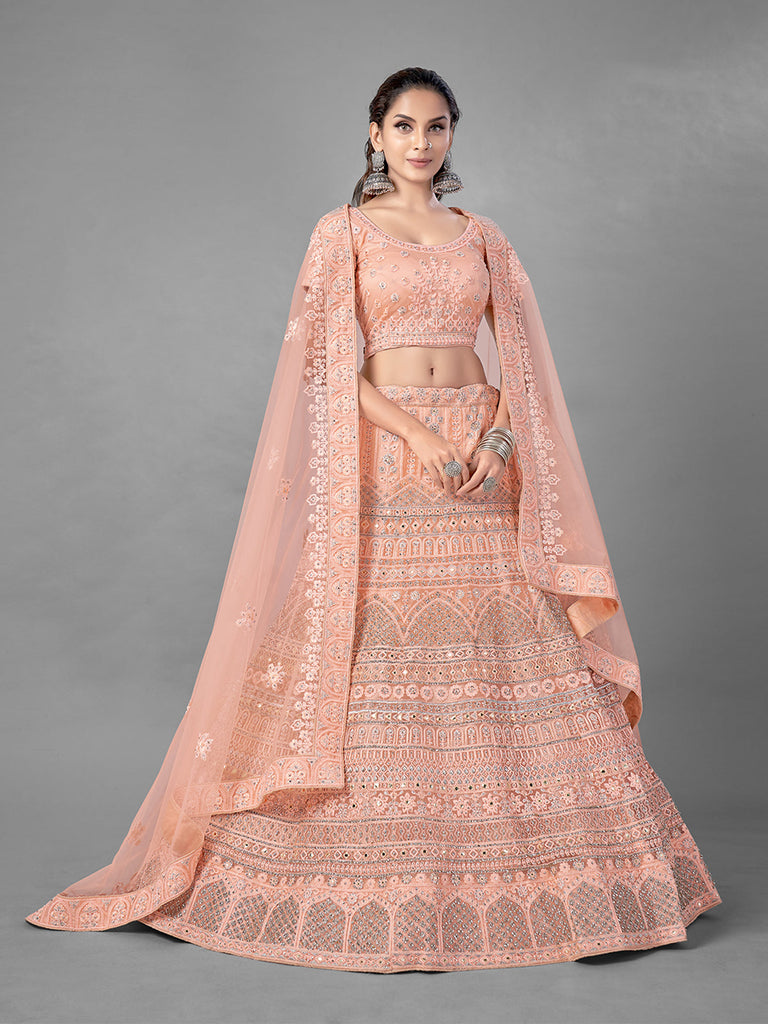 Peach Soft Net Embroidered Semi Stitched Lehenga With Unstitched Blouse Clothsvilla