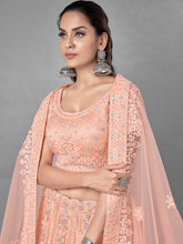 Load image into Gallery viewer, Peach Soft Net Embroidered Semi Stitched Lehenga With Unstitched Blouse Clothsvilla