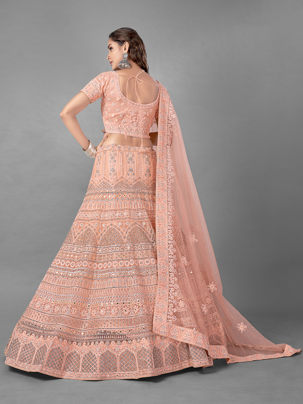 Peach Soft Net Embroidered Semi Stitched Lehenga With Unstitched Blouse Clothsvilla