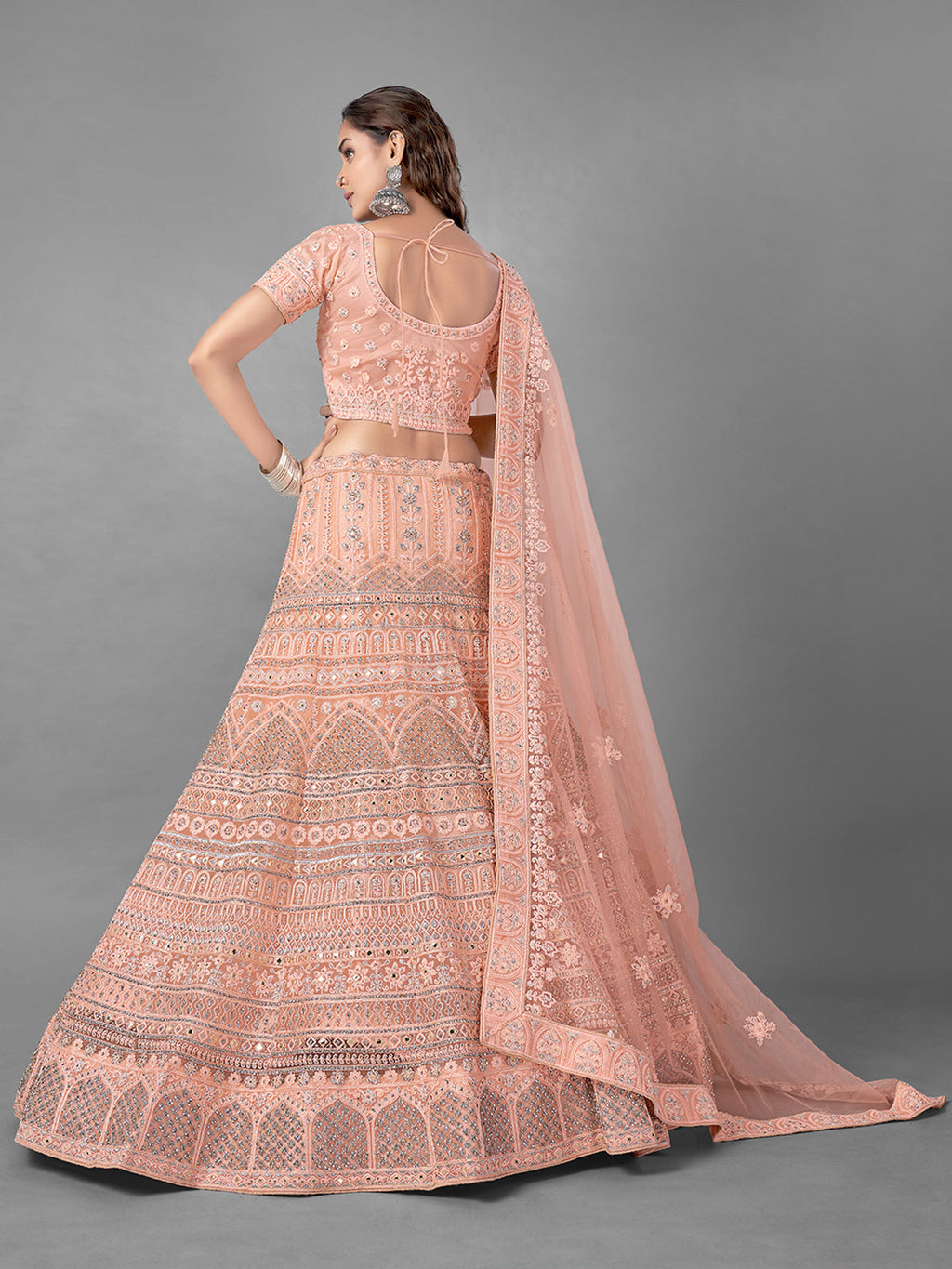 Peach Soft Net Embroidered Semi Stitched Lehenga With Unstitched Blouse Clothsvilla