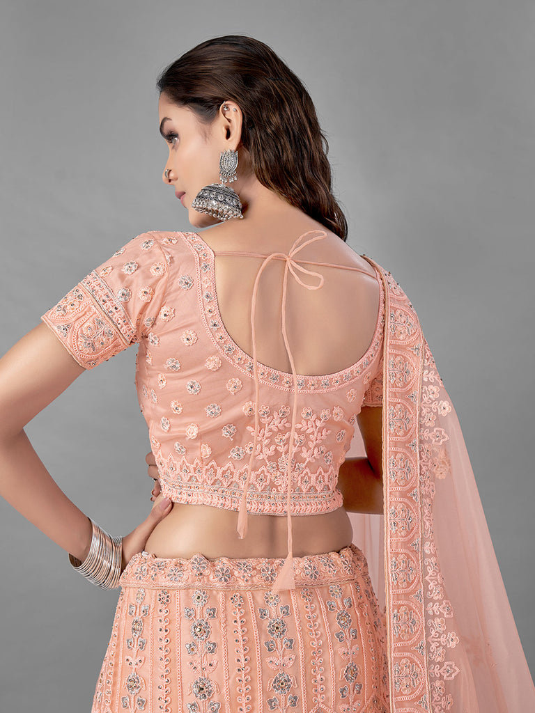 Peach Soft Net Embroidered Semi Stitched Lehenga With Unstitched Blouse Clothsvilla