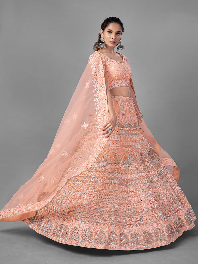 Peach Soft Net Embroidered Semi Stitched Lehenga With Unstitched Blouse Clothsvilla