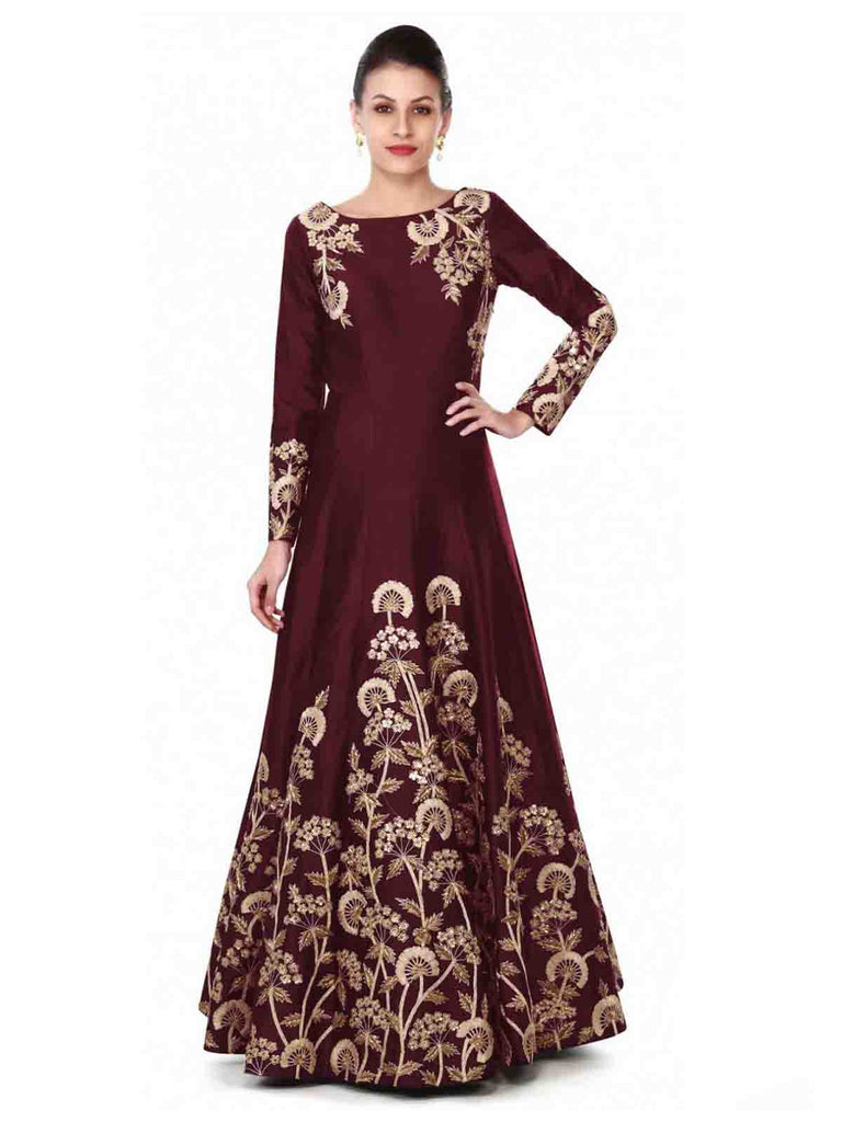 Stunning Tafetta Silk Maroon Semi Stitched Gown Clothsvilla