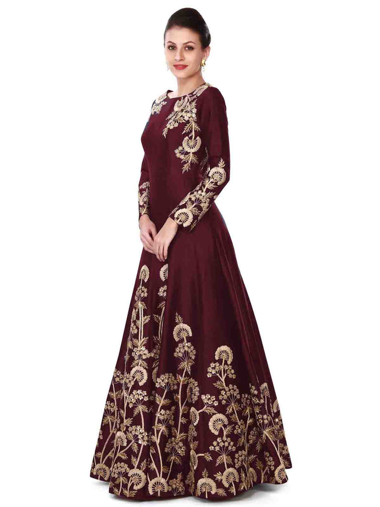 Stunning Tafetta Silk Maroon Semi Stitched Gown Clothsvilla