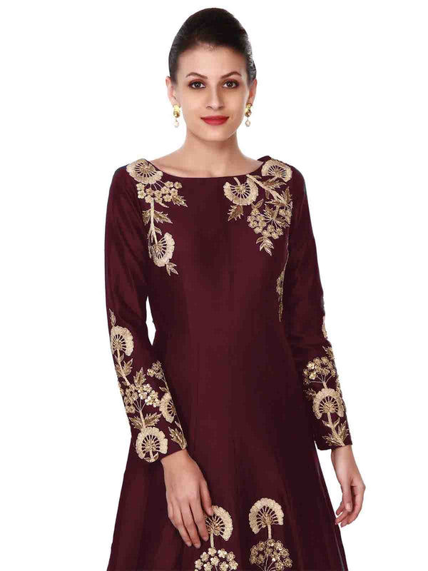 Stunning Tafetta Silk Maroon Semi Stitched Gown Clothsvilla