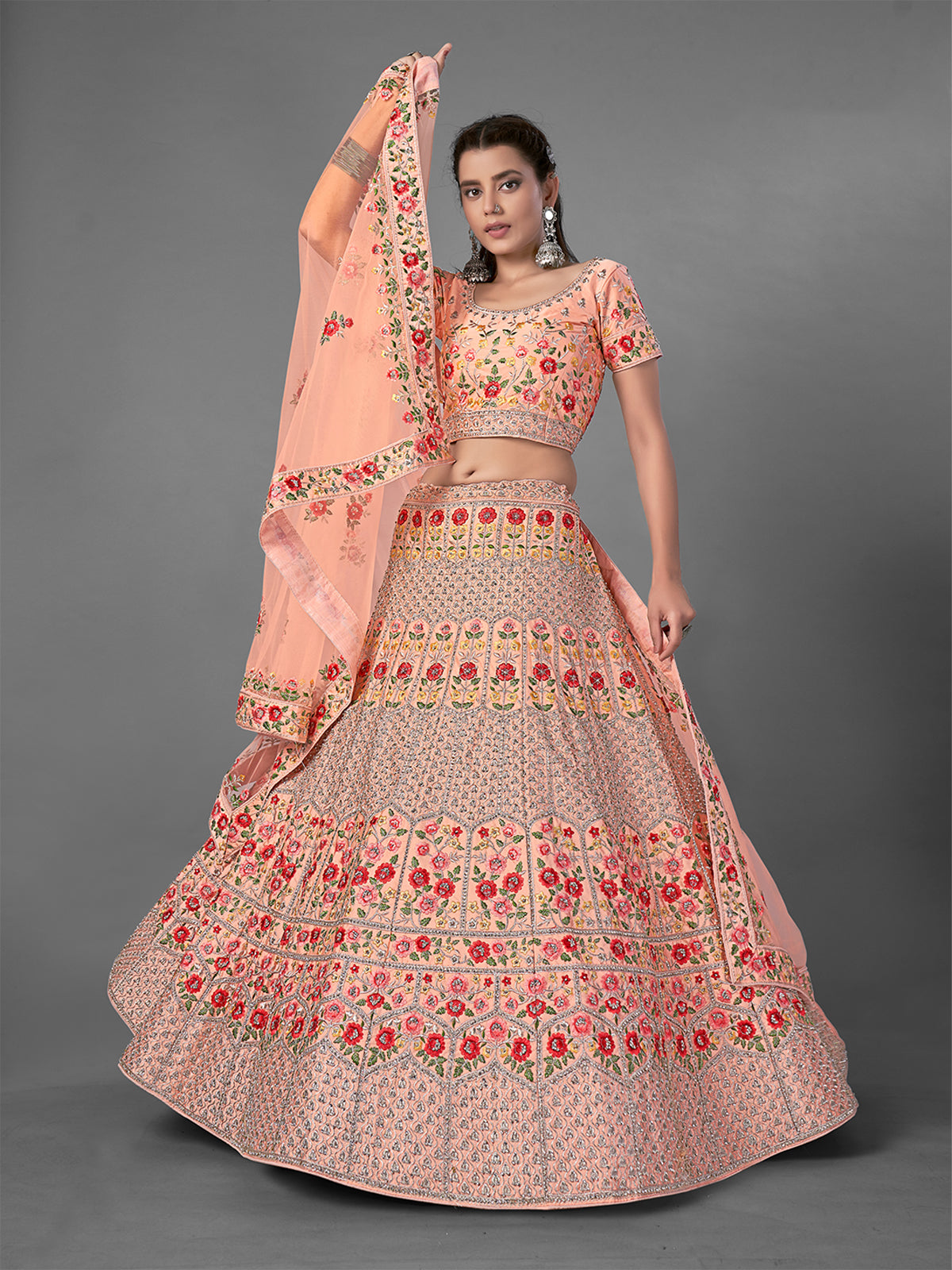 Peach Embroidered Art Silk Semi Stitched Lehenga With Unstitched Blouse Clothsvilla Main image