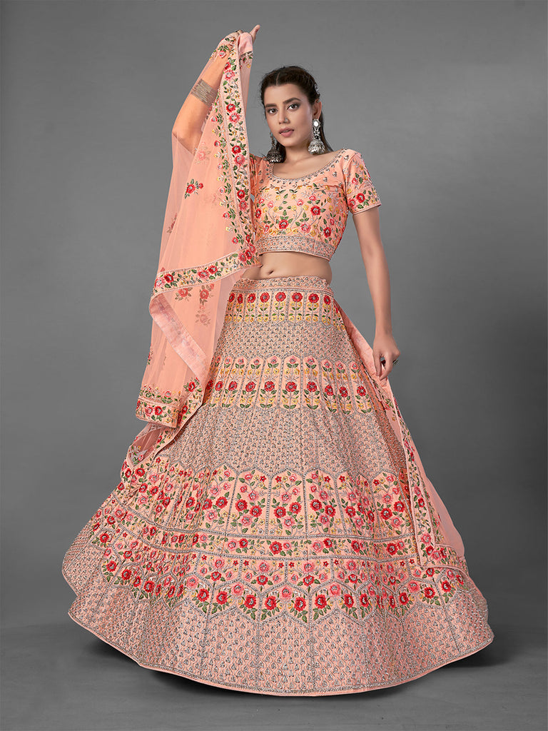 Peach Embroidered Art Silk Semi Stitched Lehenga With Unstitched Blouse Clothsvilla