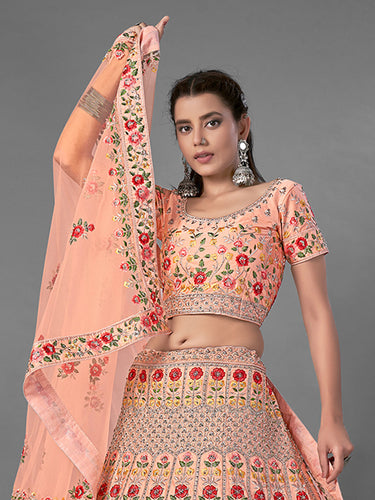 Peach Embroidered Art Silk Semi Stitched Lehenga With Unstitched Blouse Clothsvilla