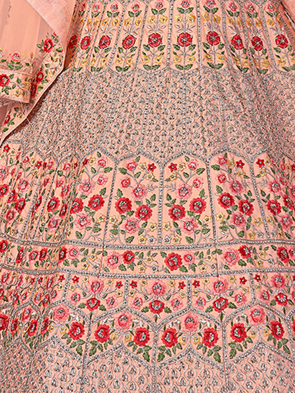 Peach Embroidered Art Silk Semi Stitched Lehenga With Unstitched Blouse Clothsvilla